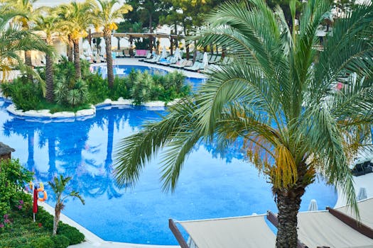 Relaxing resort pool with palm trees and lounge chairs, perfect for a tropical getaway.
